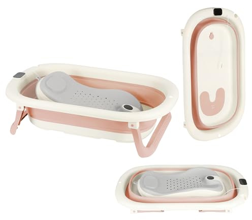 Baignoire Pliable avec Trou de Drainage Portable et Thermomètre à eau, Baignoire de Bain Autonome avec Transat de Bain pour Enfant, Baignoires sur Pieds en Plastique PP+TPE (Rose 72 * 45 * 17 cm B)