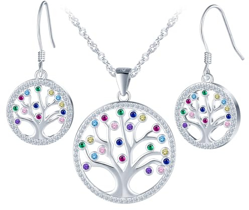 Baum des Lebens Schmuck Set mit Rund Bunt Zirkonia Silber 925 Lebensbaum Ohrringe Hängend und Halskette Set für Damen Glänzend Stammbaum Silber Schmuck Anhänger Kette Ohrhänger für Mama Frau Familien