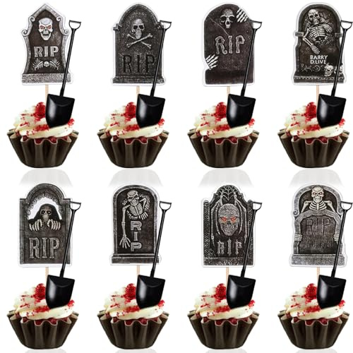 48 Stück Halloween Cupcake Topper, Grabstein Muffin Deko Halloween Kuchen Deko Friedhofs Tortendeko Schreckliche Cake Toppers für Halloweens Party, Geburtstage, Cosplay