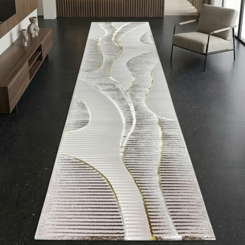 CARPETIA Kurzflor Teppich Wellenlinien Creme Gold mit Glanzeffekt 80x300 cm | Weich, pflegeleicht, schmutzabweisend und formstabil, seitlich gekettelt, OEKO-TEX geprüft, für Fußbodenheizung