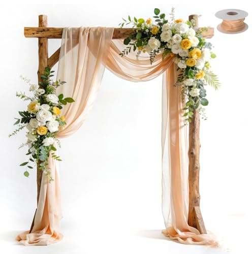 Ollanoos Wedding Decor Rideau de croix : 2 panneaux en tulle rose (75 x 600 cm), polyvalent comme rideau, fond et décoration, idéal pour arche de mariage, photographie et fête de jardin (champagne)