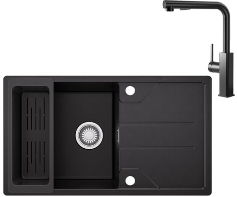 CECIPA Fregadero de cocina negro, 78 x 45 cm, con grifo extensible, fregadero de granito a partir de 45 cm de ancho, fregadero con sifón y rebosadero, fregadero con escurridor