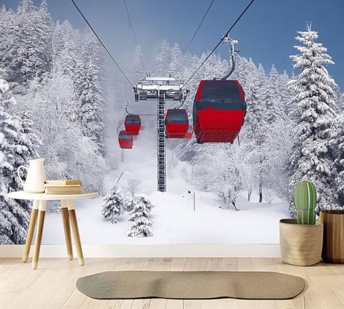 Ski Lift Modern Wall Mural Removable Peel and Stick Wallpaper Red Cable Cars Wall Decor Self-Adhesive Living Room Bedroom Wall Stickers Skate Lover Indoor Ski Resort 96x69