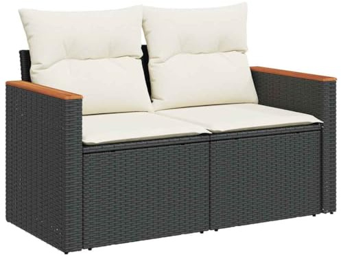 Foknhdi 2-Sitzer Gartensofa Schwarz 124x62x69 cm Poly-Rattan mit Cremeweißen Kissen, Modernes Design, UV-beständig, Eckbank für kleine Balkone, Garten & Terrasse, platzsparend und langlebig