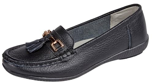 JO & JOE , Mocassins pour femme en cuir avec semelle à talon légèrement compensé, style décontracté, confortable, chaussures de travail,Coupe Large Nautique - Noir,37 EU / 4 UK
