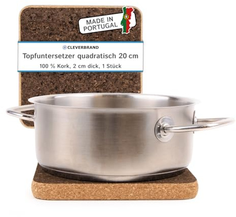 Cleverbrand Topfuntersetzer aus Kork hitzebeständig, 20 x 20 cm, 2 cm dick, quadratisch, Untersetzer für Töpfe und Pfannen - Made in Portugal