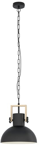 EGLO Pendellampe Lubenham 1 flammige Vintage Pendelleuchte | im Industrial Design, Retro Hängelampe aus Stahl und Holz, Farbe: Schwarz, braun, Fassung: E27