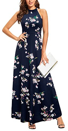 STYLEWORD Women's Floral Print Sleeveless Off Shoulder Elegant Summer Dress Ladies Halter Neck Maxi Long Dress(Floral21,L)