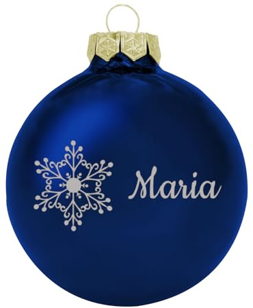 Deitert Weihnachtskugel mit Wunschtext Gravur, Ø 8cm, personalisierte Christbaumkugel aus Glas (glänzend), Individueller Weihnachtsbaumschmuck Namen oder Spruch, Schneeflocken-Motiv, Blau