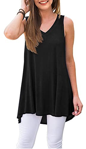 WNEEDU Women's Summer Sleeveless V Neck Tunic Casual T-Shirt Tank Tops Blouse(Black,2XL)