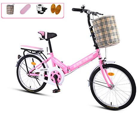 JHNEA 16 Zoll Faltrad Klapprad, Kohlenstoffstahlrahmen Fahrrad Klappfahrrad mit Komfortsattel Korb und Ständer Gepäckträger,Pink-A