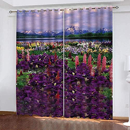 Gardinen mit ösen Blumen Und Pflanzen 2er-Set VerdunkelungsVorhang, 3D Printing Shading Vorhänge für Schlafzimmer，100% Polyester Mikrofaser, Gesamtgröße: 234x138CM