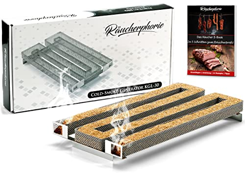 Räucherphorie® Griglia per affumicatura a freddo XL – Robusto generatore di fumo freddo in acciaio inox + e-book per affumicatura extra lungo nel forno, barbecue, affumicatore – accessori premium