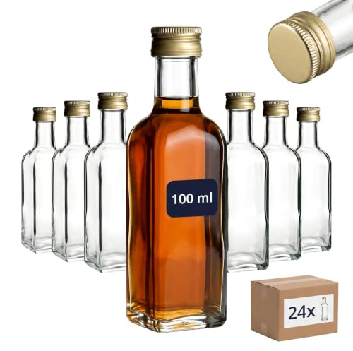 gouveo Set da 24 bottiglie in vetro Maraska quadrate (0,10 l) con tappo a vite oro PP 24 per liquore sciroppo olio aceto bottigliette porzione e assaggio (MFET100G)