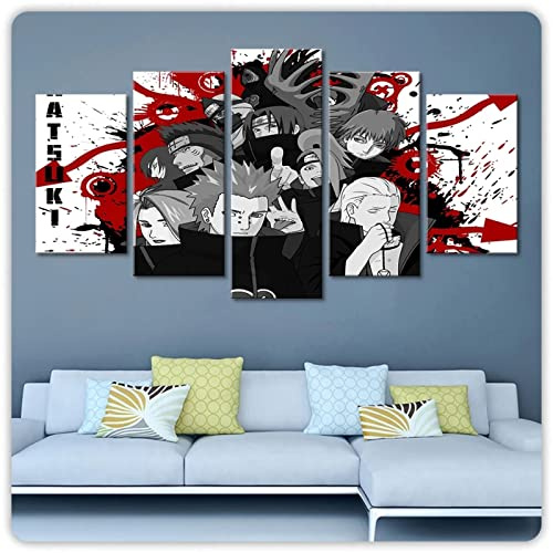 MPPSU Kunstdrucke Modular Wandkunst Modern Wanddekoration Wandbilder Wohnzimmer Leinwandbild 5 Teiliges Poster Set XXL Bilder Kreatives Geschenk Mit Rahmen 150 * 80cm Anime Ninja Akatsuki-Plakat