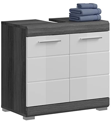 Newroom Waschbeckenunterschrank Rauchsilber Weiß Hochglanz Badschrank Modern - 60x56x34 cm (BxHxT) - Standschrank Badezimmermöbel - [Lanzo.Three] Bad Badezimmer