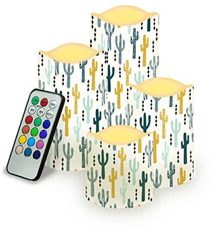 Kuiaobaty Velas de ventana con estampado de cactus funcionan con pilas con temporizador, velas LED de color marfil sin llama decorativas, paquete de 4
