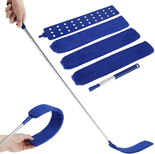 Gap Dust Cleaner Retractable Gap Cleaning Duster with 1 Long Handle and 3 Replacement Cover Flexible Telescopic Microfiber Hand Duster Appliances Cleaning Tool for Home Bedroom Kitchen (Dark Blue)
