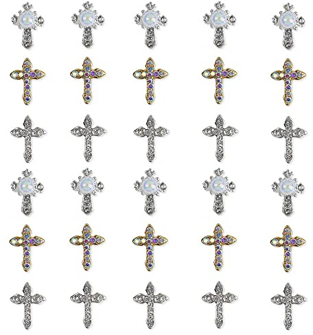 CHENNAN 30 Stück 3D Kreuz Form Nagel Kunst Charms aus Nagel Strass Nail Art Strasssteine 3D Nagelschmuck Mit Perle Für Nageldekorationen für Nägel DIY Strass Kristall Diamant Nail Art Dekoration (1#)