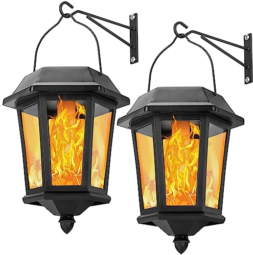 Solar Lanterns Outdoor Waterproof, Hanging Solar Lights with Glass Shade - 2 Pack LED Metal Wall Mount Outdoor Light for Yard/Garden/Patio - Flame