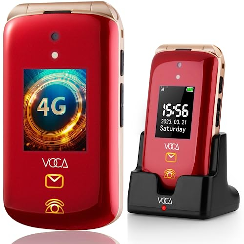 VOCA Telefono a conchiglia con grandi tasti per anziani, Doppio schermo, 4G LTE, Volume elevato, Pulsante SOS | Compatibilità con apparecchi acustici | Dock di ricarica | Testo predittivo | V543