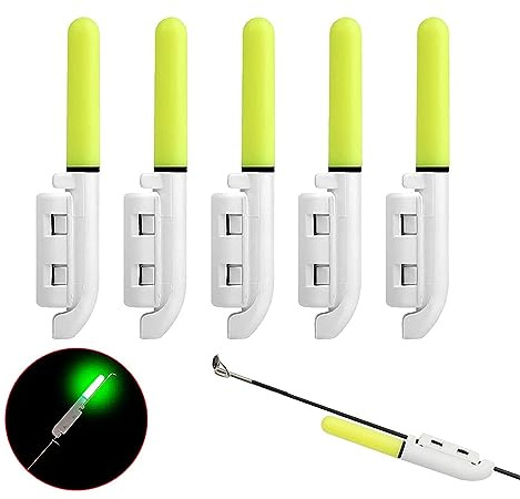 Lot de 5 bâtons lumineux de pêche, alarme de pêche, kit de détecteurs de touche LED, bâtons lumineux pour cannes à pêche, bâtons lumineux étanches avec boucle, support pour canne à pêche en mer, vert