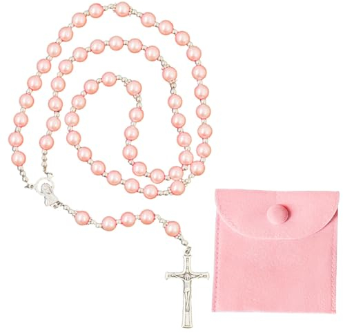Hpbaggy Kommunion Rosenkranz Halskette Perlen Mit Samt Geschenkbeutel Katholisch Rosenkranz Kette Jesus Kreuz Gebetskette Christlich Rosary Chain Geschenke Für Frauen und Männer Mädchen Jungen