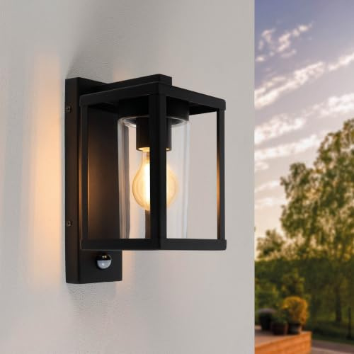 Ledvion Wandleuchte IP44 E27 schwarz sensor Quadrat | Für Einfahrt Gartenweg Terrasse oder Fassade geeignet und klar auf den Außeneinsatz ausgerichtet