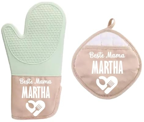 Personalisiertes Ofenhandschuhe-Set, Individuelle Ofenhandschuhe mit Ihrem Text, Geschenk zum Geburtstag, Mutter- und Großmuttertag, Küchenofenhandschuhe, Silikonhandschuh, Hitzebeständig (Minze)