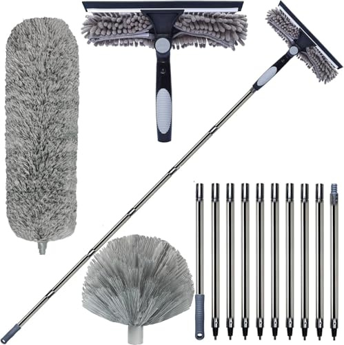 3 Pack 20+ Feet High Reach Dusting Kit with 3-14 ft Spliceable Pole //2 in 1 Window Cleaning Kit // High Ceiling Duster // Cobweb Microfiber Duster // Outdoor & Indoor Extendable Duster Cleaning Kit
