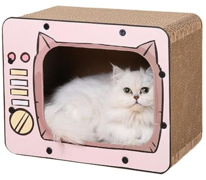 PETCUTE Casa de Cartón para Gatos TV Retro, Rascador 3 en 1 Con Fondo Antideslizante, Interior Corrugado para Gatitos, Jugar y Descansar, Nido Rosa