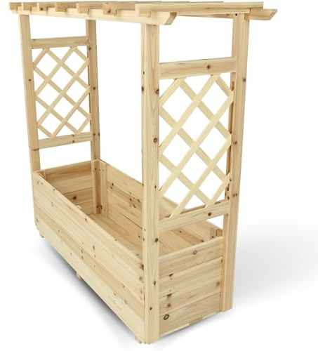 holz4home® Pflanzkasten mit Rankgitter & Dachregal I Aus Tannenholz inkl. Vlieseinlage & Gartenhandschuhe I Blumenkasten mit Spalier für Garten Terrasse I Hochbeet mit Rosenbogen Balkonkasten (M)