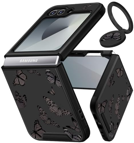 VincitoreModa for Samsung Galaxy Z Flip 6 Case - [2in1] Women Cute Girls Butterfly Phone Cover Ring Holder Stand Unique Girly Fashion Aesthetic Slide Camera Cover Design for Samsung Z Flip 6 Case