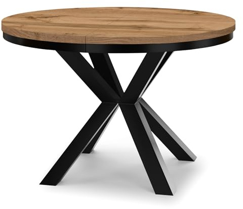 Dekori Möbel Runder Ausziehbarer Tisch für Esszimmer RAL mit Ring-Gestell, Skandinavischer Stil, Durchmesser Varianten von : 90 bis 220 cm (Eiche Wotan/Schwarz, 120/220 cm)
