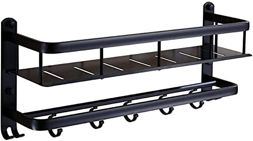 Étagère murale de salle de bain avec barre de serviette et crochets - Panier de rangement décoratif en métal noir (60 cm)