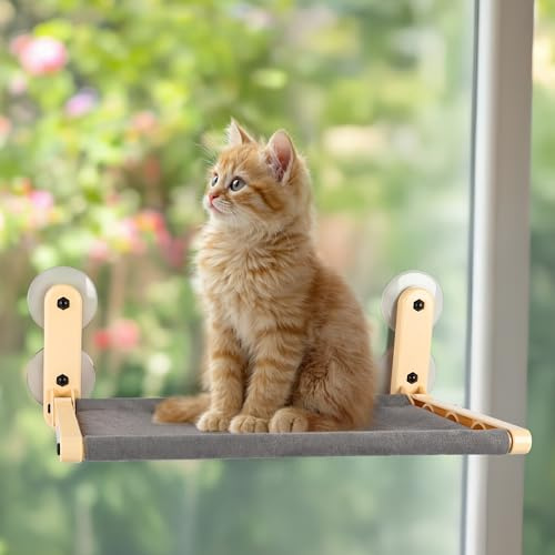 ALL FOR PAWS Cat Window Perch Hammock Bed for Indoor Cats, Cordless Design, Large Suction Cups, Folds Up Against Window, Grey