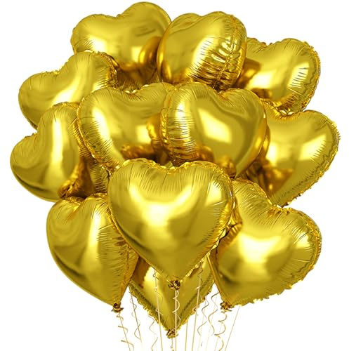 12 palloncini a forma di cuore dorati, palloncini in Mylar a forma di cuore in lamina d'oro giallo da 45 cm, palloncini a elio a forma di cuore in oro brillante, decorazione per feste di compleanno,