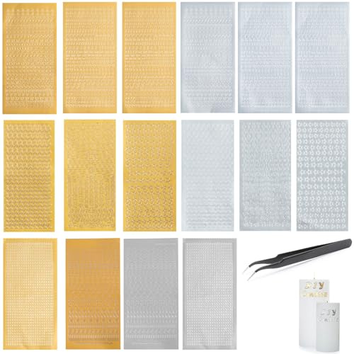 Eowppue Buchstaben Kerzenaufkleber，Wachsbuchstaben für Kerzen - 16 verschiedene Designs, Gold und Silber, selbstklebend, 3 mm Höhe, idealfür Hochzeit, Taufe, Konfirmation oder Kommunion，1 Pinzette