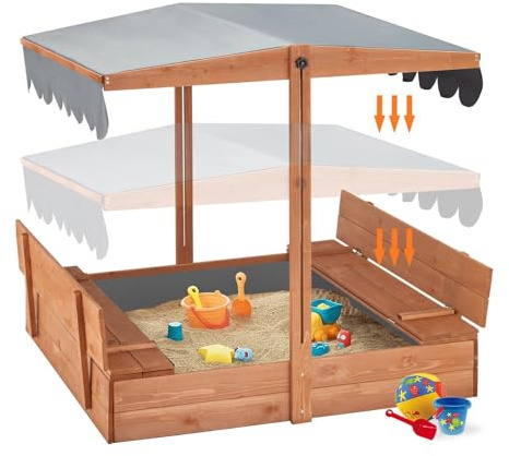 YOLENY Sandbox with Lid,Kids Sandbox with Cover Outdoor,Wooden Sand Box with 2 Foldable Bench Seats,Adjustable UV-Resistant Roof & Bottom Liner,Sand Box for Kids Ages 2-8, Perfect for Backyard,Beach