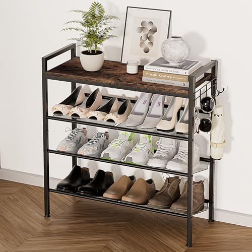 neatevday 4 Tier Shoe Rack, Shoe Rack for Entryway with Hook, Shoe Organizer with Adjustable Mesh Shelves, Metal Shoe Storage, Closet, Bedroom Living Room Garage