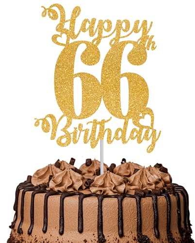 1Pc Happy 66th Birthday Cake Topper Glitter Cheers to 66 Years Cake Topper 66 Fabulous Cake Decoration for Happy 66th Birthday Party Cake Decorations Supplies Gold