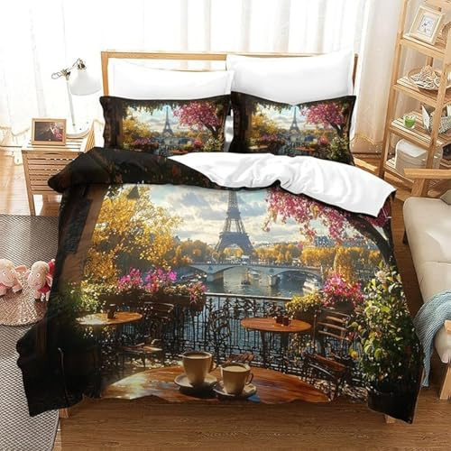 SJSXWQN Copripiumino Matrimoniale 240x220 cm Aldulto Torre Eiffel Set di Biancheria da Letto con Cerniera Nascosta Set Copripiumini in Microfibra Morbido Traspirante e 2 Federe 50x80 cm