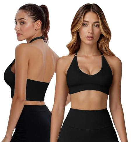 Fiohiros Deep V Neck Sports Bras for Women, Seamless Open Back Removable Pads Adjustable Neck Strap Wireless Workout Yoga Crop Top Bra (UK, Alpha, S, Regular, Regular, Black)