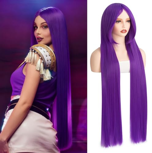 PARXITN Peluca para mujer, color lila con flequillo, 100 cm de largo, ondulado, rizado, para mujer, cosplay, Halloween, disfraz de carnaval