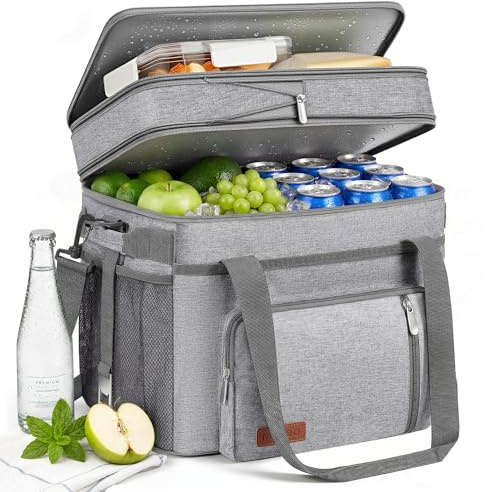 Borsa Frigo Doppia Strato Morbida, Borsa Pranzo Isolata Impermeabile Portatile, Contenitore Termico Extra Large Espandibile per Spiaggia, Picnic, Camping, Shopping - MIYCOO-Grigio