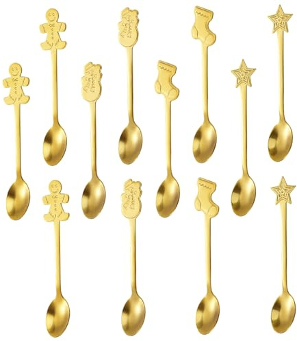 CAKEEYUM 12 cucchiaini da caffè Natalizi, cucchiai creativi in ​​Acciaio Inox, per Dessert, Bevande, frullati, 4 Stili, Oro, caffè, tè, Mini