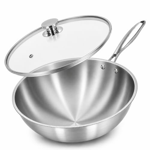 CENWOK ⌀30 cm Wok Pfanne aus Edelstahl, unbeschichtet & langlebig, 3-lagiges Material für optimale Wärmeverteilung, mit Glasdeckel, vielseitig verwendbar, für alle Herdarten geeignet
