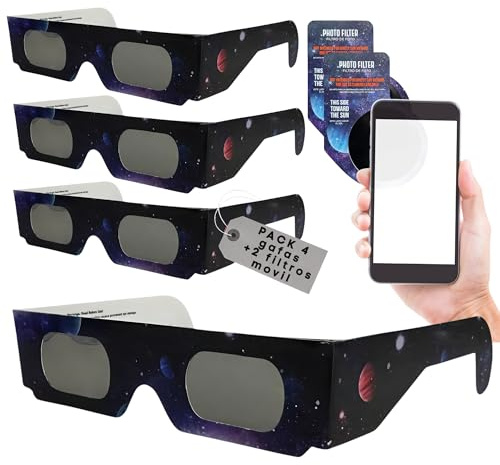 Genérico HOMANAGE Pack gafas eclipse solar homologadas y filtro movil iso 12312-2 CE | Visión Segura del Sol y Tránsitos. Gafas de eclipse solar total 12 de Agosto 2026, Europa, España, Portugal (4)