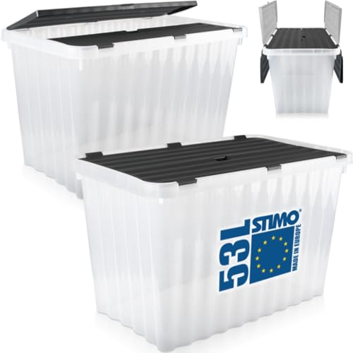 Stimo 2x Aufbewahrungsbox 53L mit unterteiltem klappbarem Deckel große Box Kunststoffbox Transparent Kiste