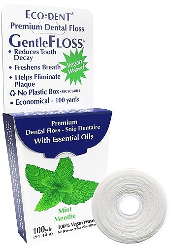 Eco-Dent GentleFloss Dental Floss, Waxed, Mint - Floss with Vegan Plant-Based Wax, Recyclable Cardboard Packaging, 100 Yds + DailyRinse Single-Use Pack